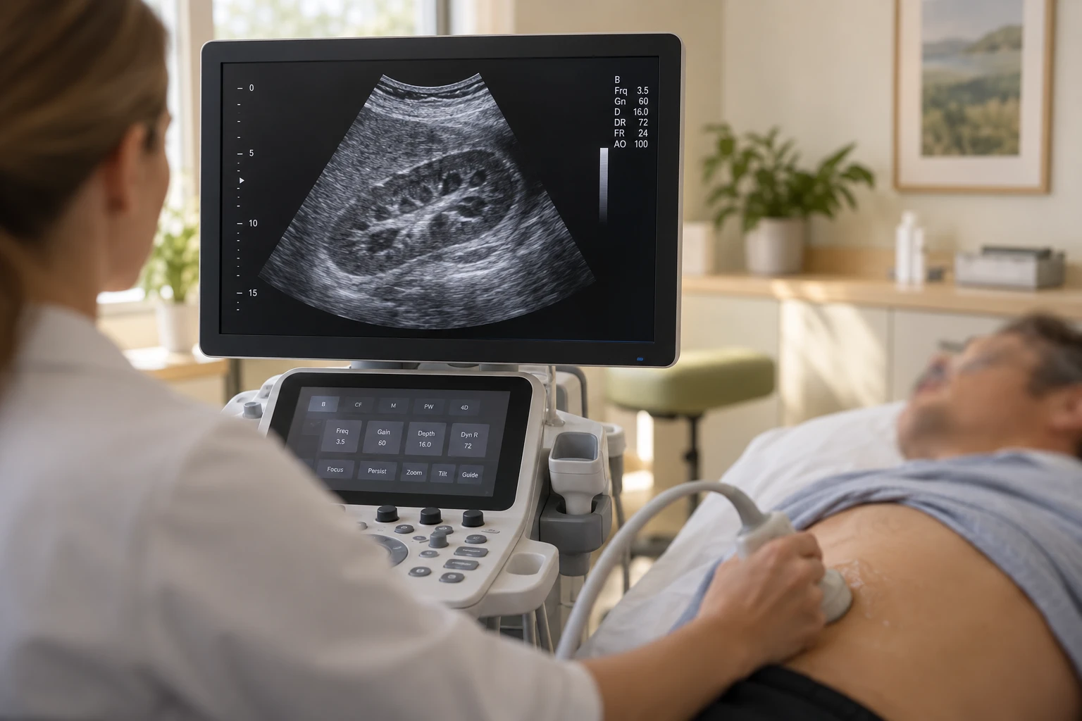 Ultraschalluntersuchung mit Blick auf den Monitor – KI-generiertes Symbolbild